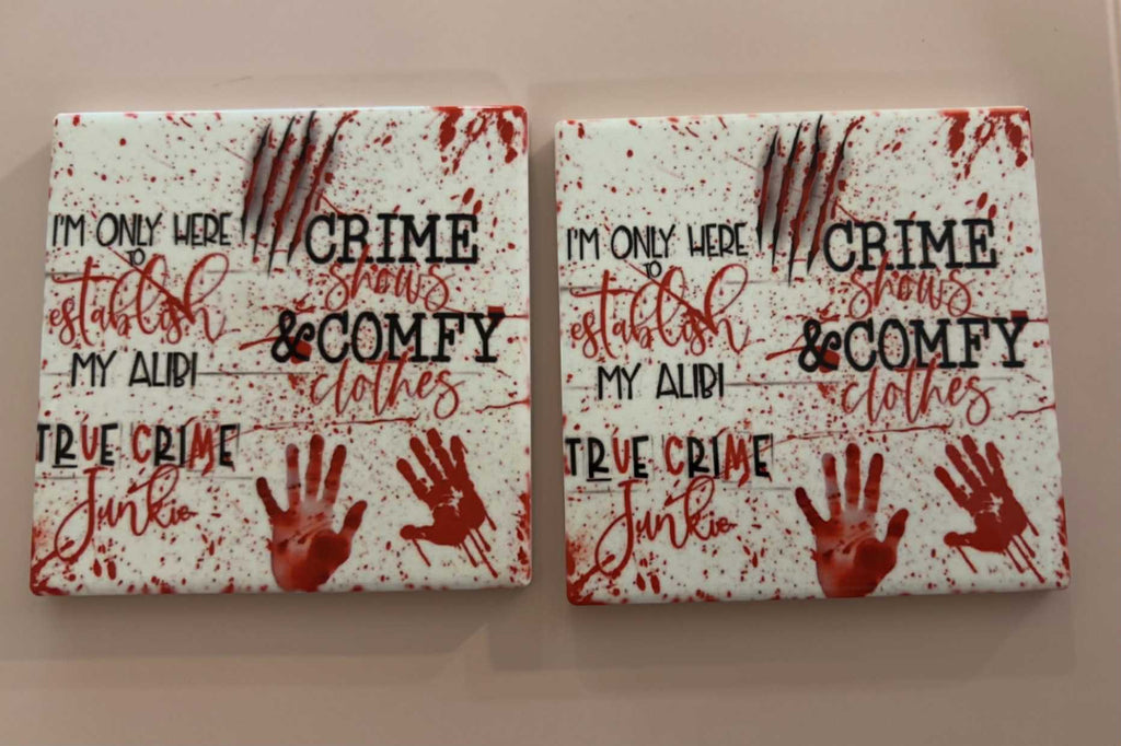 True Crime Junkie Square Ceramic Coasters – Horror Aesthetic Home Décor