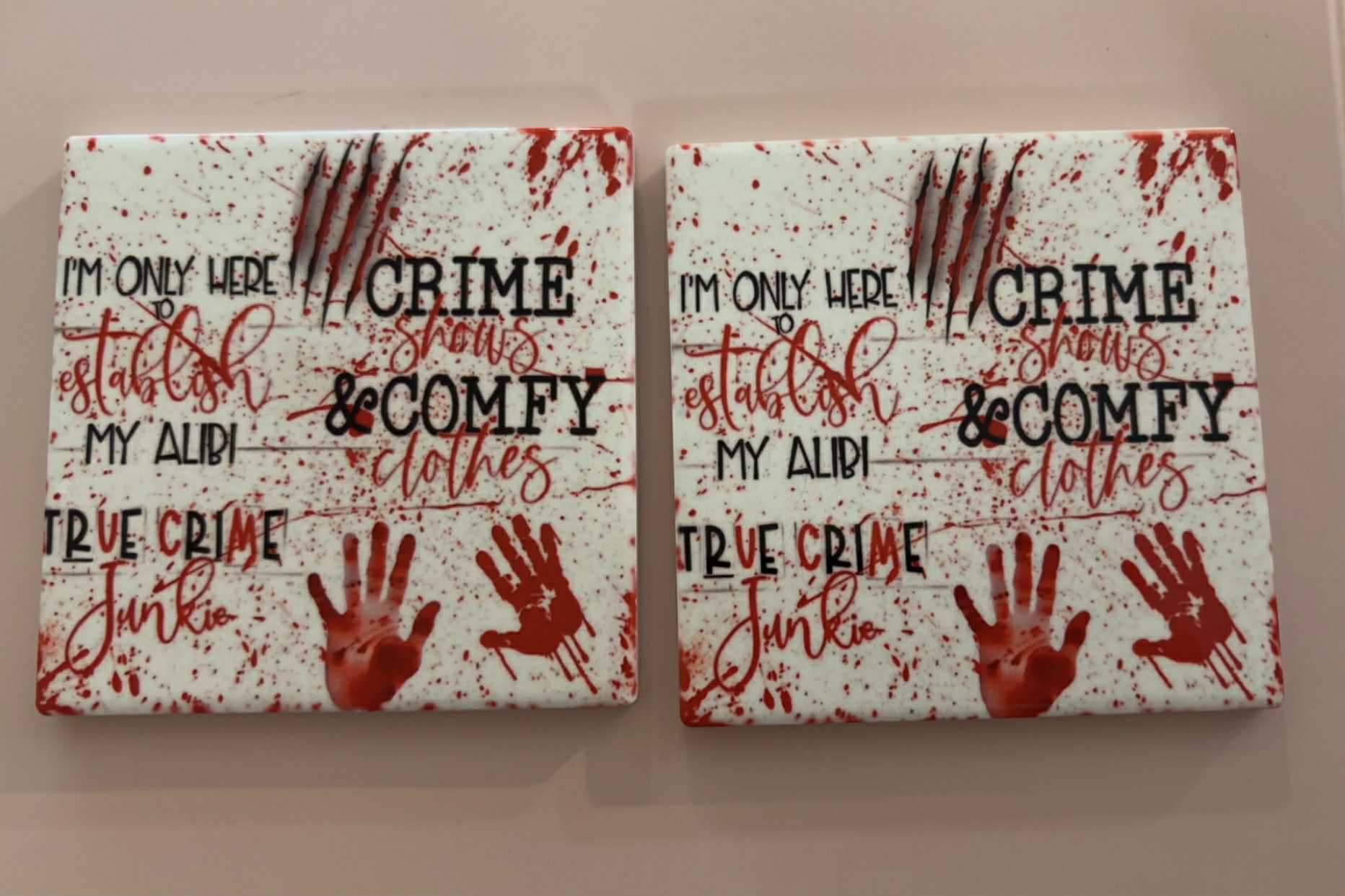 True Crime Junkie Square Ceramic Coasters – Horror Aesthetic Home Décor