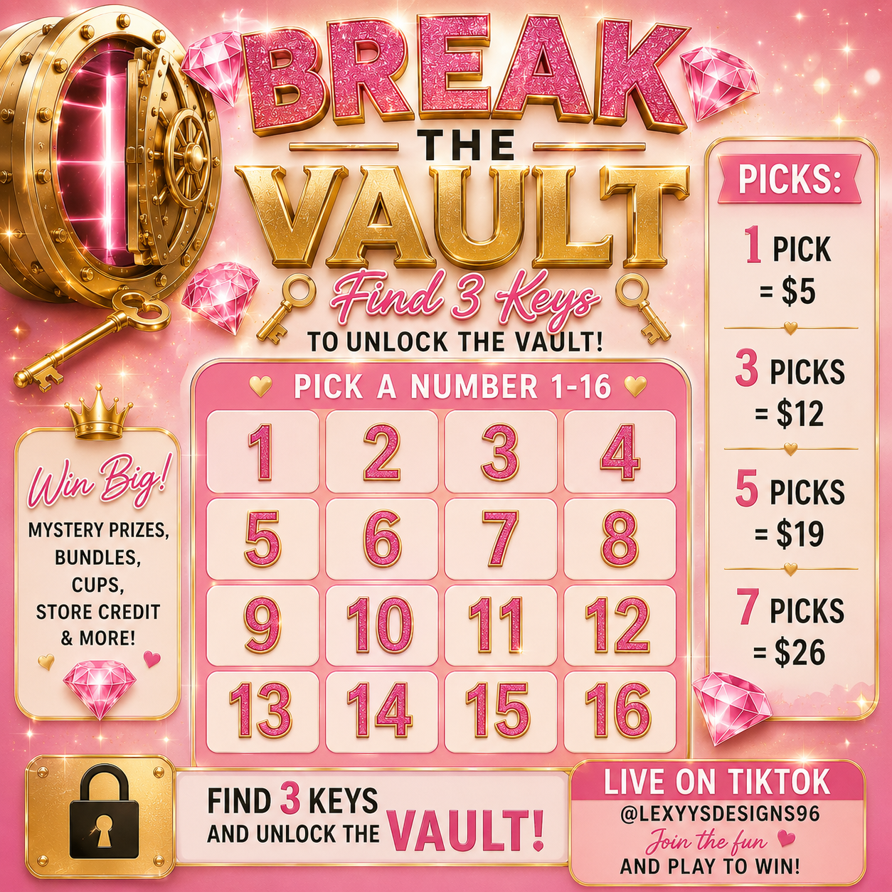 💎 Break The Vault Picks (LIVE Game)