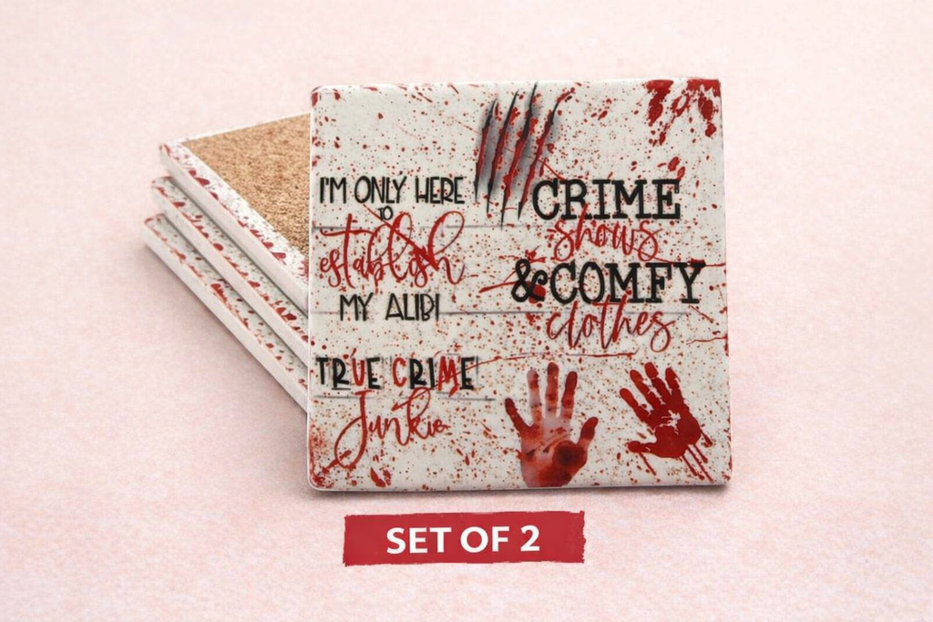 True Crime Junkie Square Ceramic Coasters – Horror Aesthetic Home Décor
