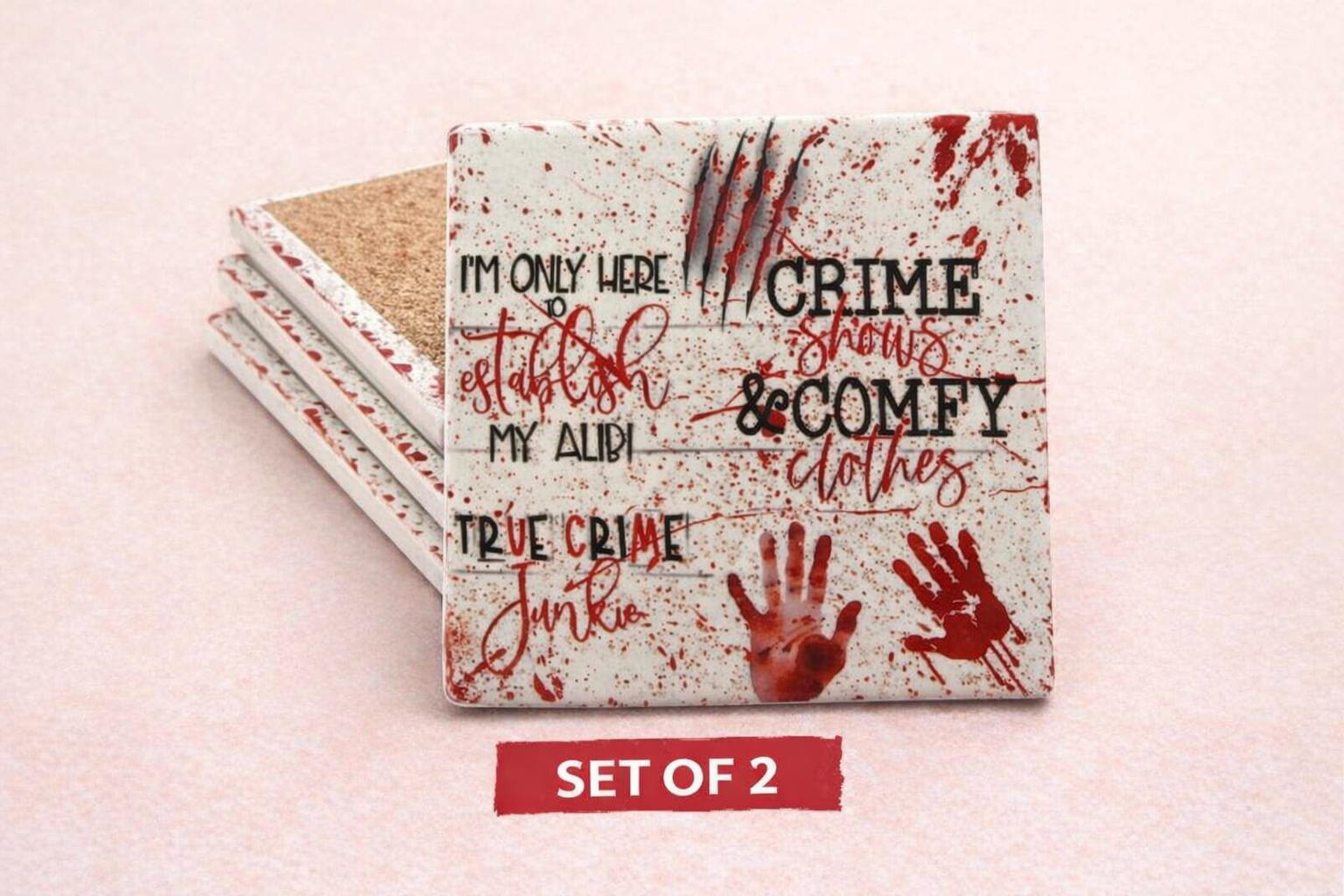 True Crime Junkie Square Ceramic Coasters – Horror Aesthetic Home Décor