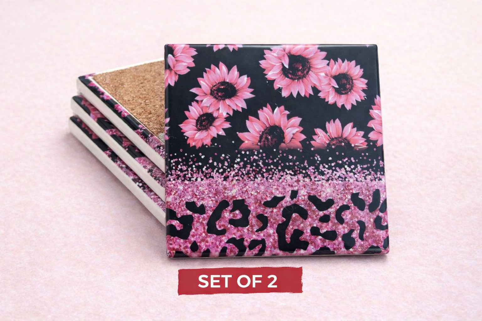 🌸 Pink Sunflower & Glitter Leopard Ceramic Coaster Set – Set of 2 🌸