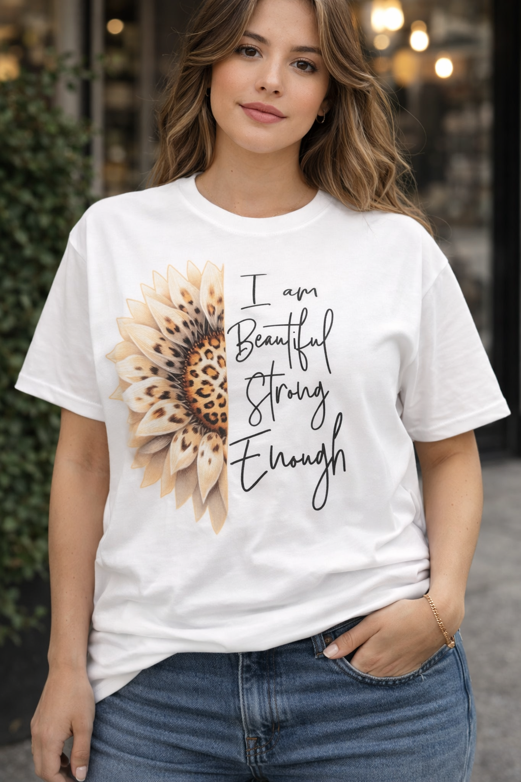 I Am Beautiful Strong Enough Sunflower T-Shirt – Inspirational Graphic Tee