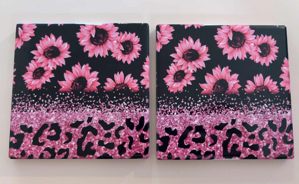 🌸 Pink Sunflower & Glitter Leopard Ceramic Coaster Set – Set of 2 🌸
