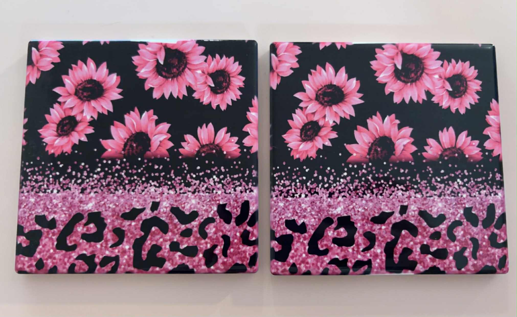 🌸 Pink Sunflower & Glitter Leopard Ceramic Coaster Set – Set of 2 🌸