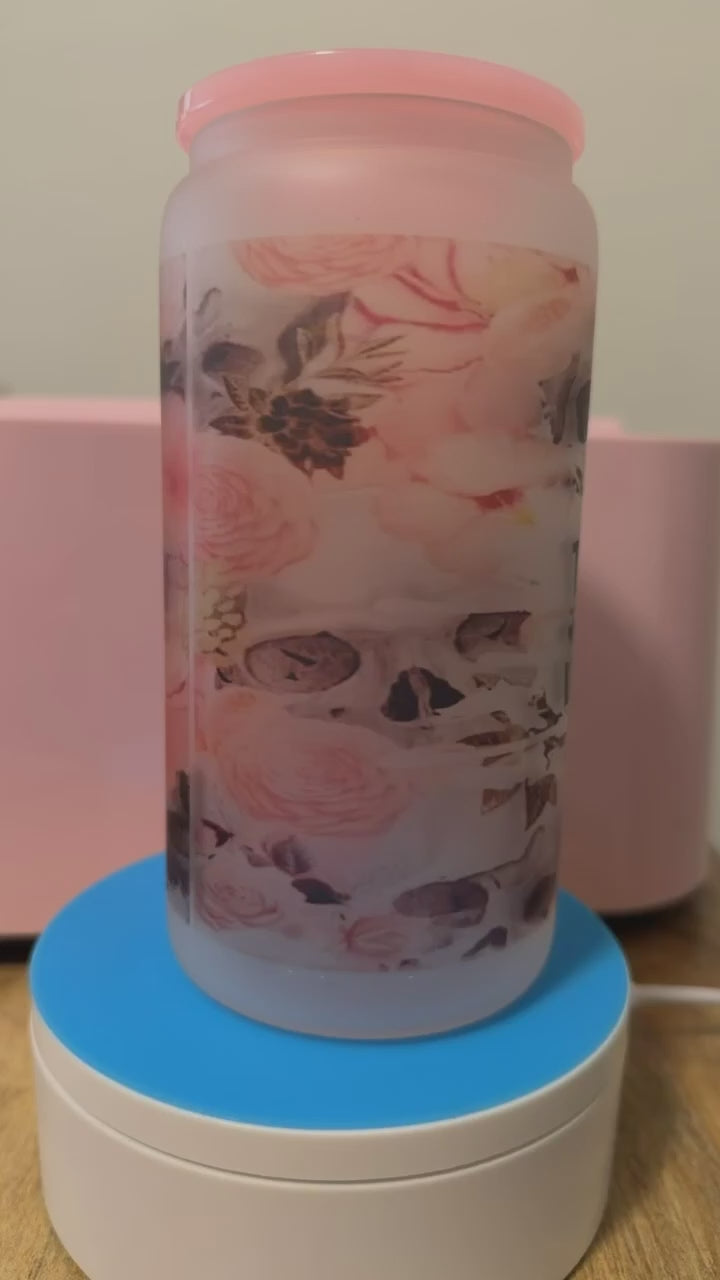 Frosted Glass Can Tumbler – Skull Floral & Western Cow Design